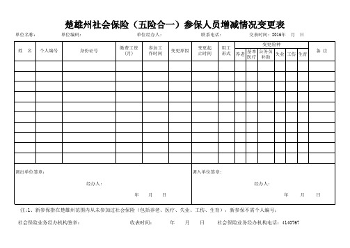 楚雄州社会保险 五险合一 参保人员增减情况变更表