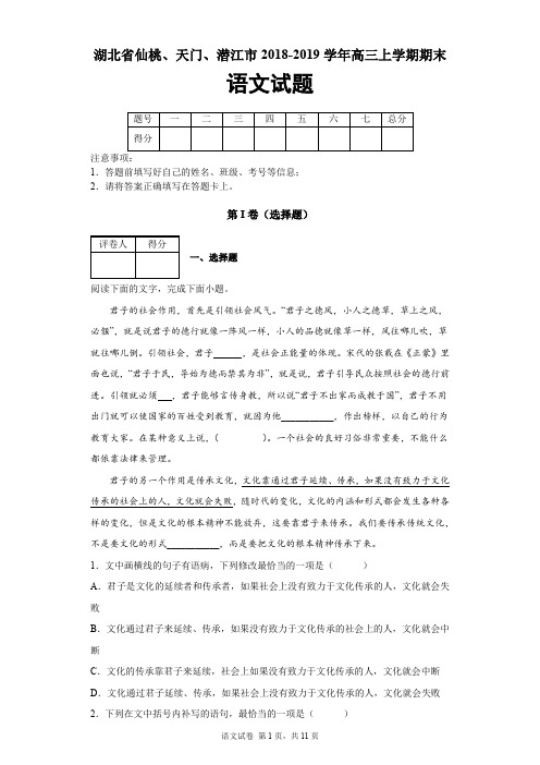 湖北省仙桃、天门、潜江市2018-2019学年高三上学期期末考试语文试题及答案解析