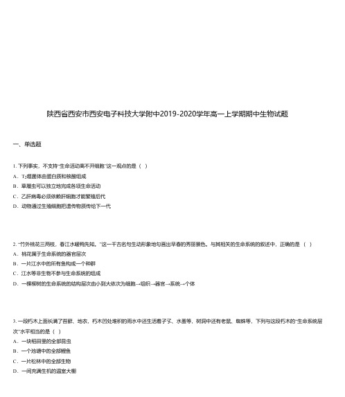 陕西省西安市西安电子科技大学附中2019-2020学年高一上学期期中生物试题