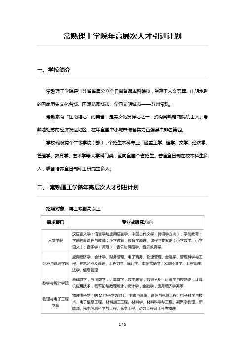 常熟理工学院2019年高层次人才引进计划