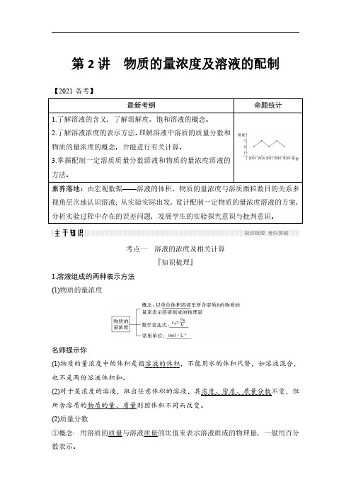 2022年高考化学备考第2讲物质的量浓度及溶液的配制