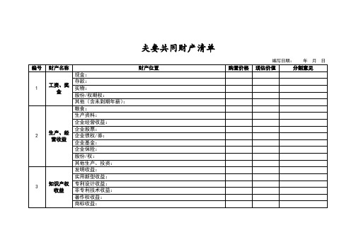 夫妻共同财产清单