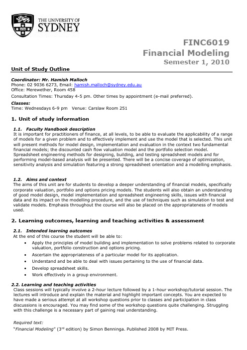 FINC6019_Financial Modelling_2010 Semester 1_FINC6019_Financial Modelling_UoSOutline