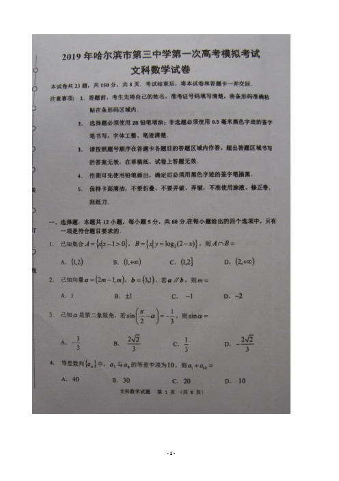 2019届黑龙江省哈尔滨市第三中学高三第一次模拟数学(文)试题 扫描版