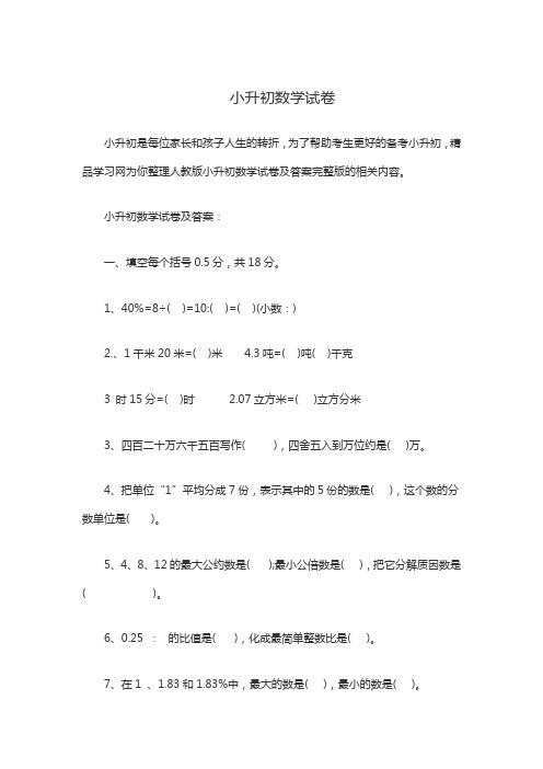 2020年人教新课标小升初数学模拟试题(附答案)