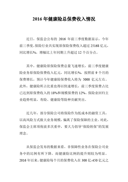 2016年健康险总保费收入情况