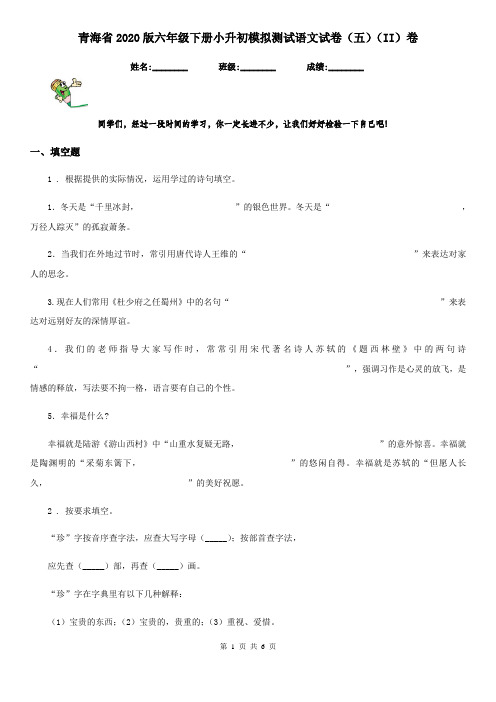 青海省2020版六年级下册小升初模拟测试语文试卷(五)(II)卷