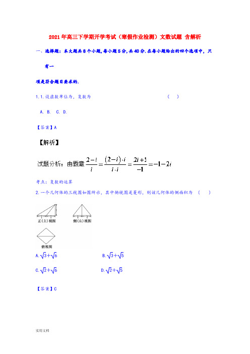 2021-2022年高三下学期开学考试(寒假作业检测)文数试题 含解析