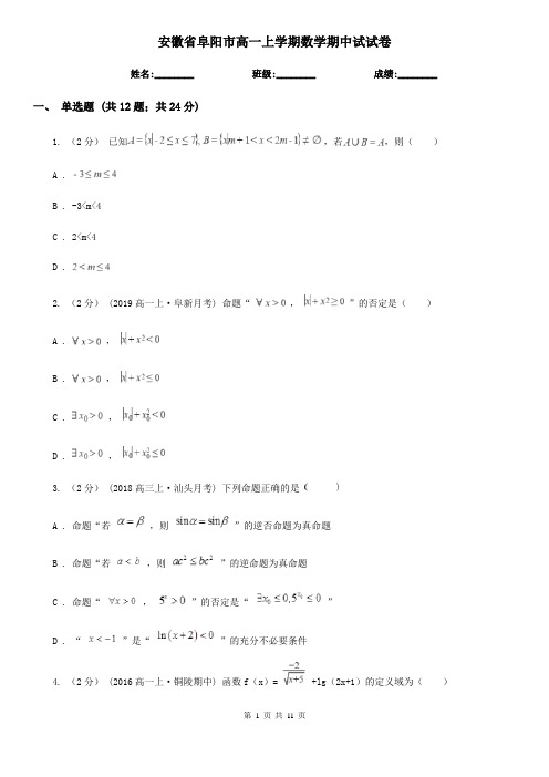 安徽省阜阳市高一上学期数学期中试试卷