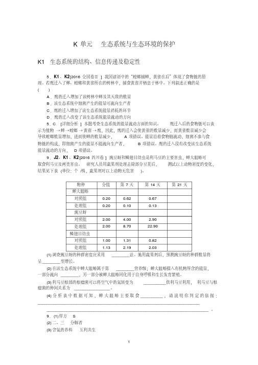 2016年高考生物真题+模拟新题分类汇编：K单元生态系统与生态环境的保护
