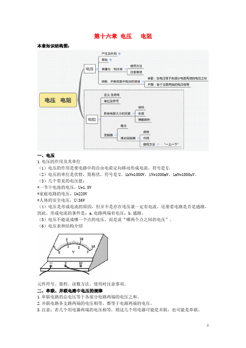 初中物理九年级全册第十六章电压电阻知识点总结新版 人教版