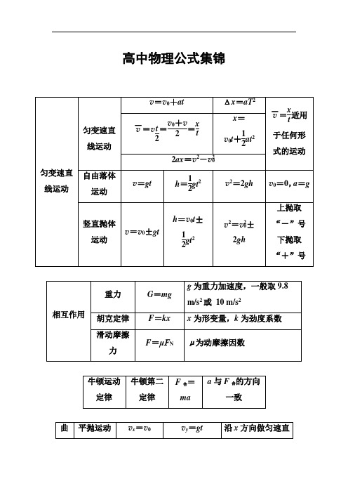 2018年秋东方思维高三物理第一轮复习课时跟踪练：高中物理公式集锦 Word版含解析