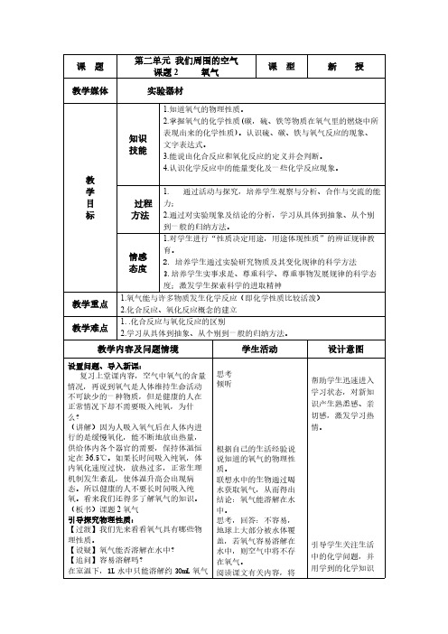 人教版初中化学九年级上册 课题2 氧气 教案教学设计课后反思