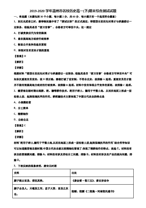 2019-2020学年温州市名校历史高一(下)期末综合测试试题含解析