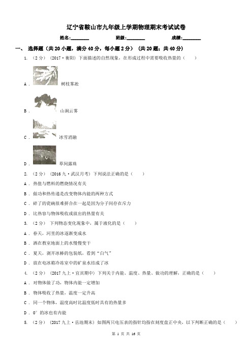 辽宁省鞍山市九年级上学期物理期末考试试卷