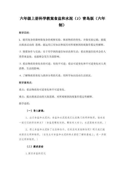 六年级上册科学教案食盐和水泥(2)青岛版(六年制)