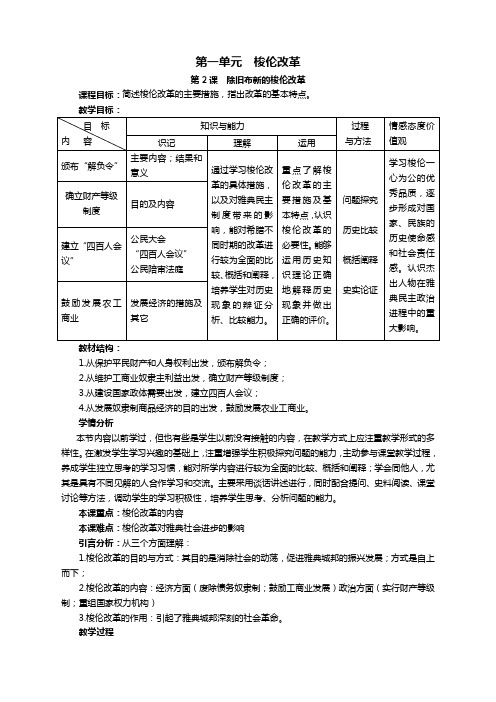 历史选修1人教新课标第一单元第2课除旧布新的梭伦改革教案