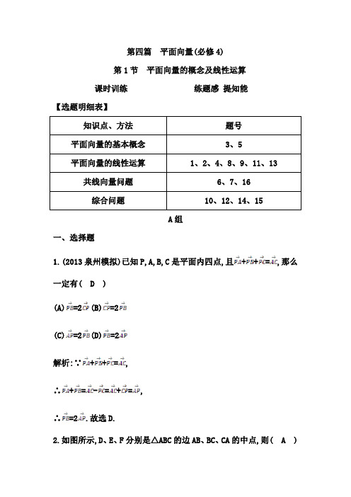 高考数学大一轮复习配套课时训练：第四篇 平面向量 第1节 平面向量的概念及线性运算(含答案)