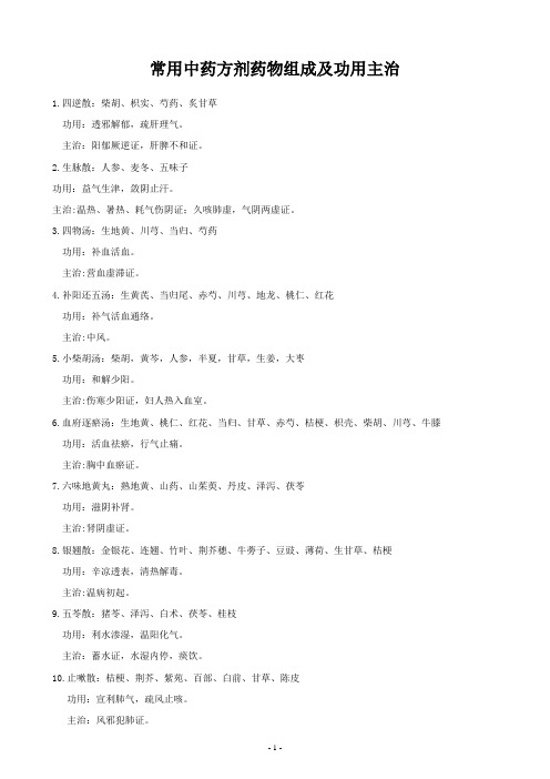 常用中药方剂药物组成及功用主治