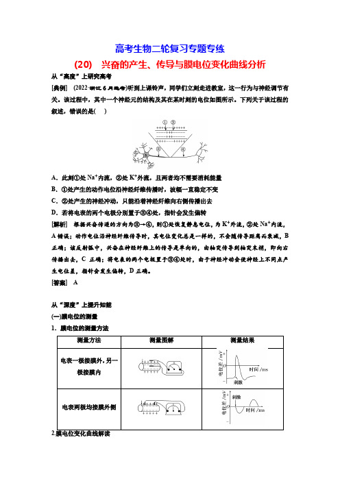 高考生物二轮复习专题专练(20) 兴奋的产生、传导与膜电位变化曲线分析