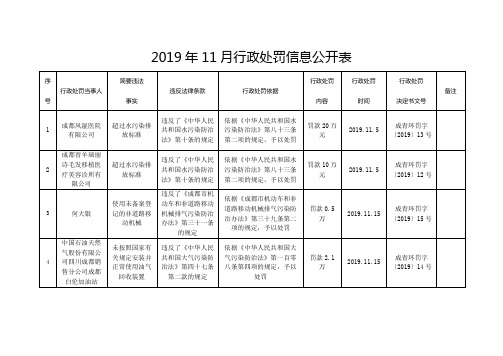2019年11月行政处罚信息公开表【模板】