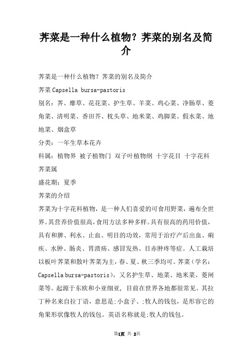 荠菜是一种什么植物？荠菜的别名及简介