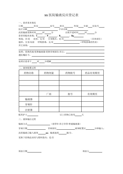 输液反应登记表