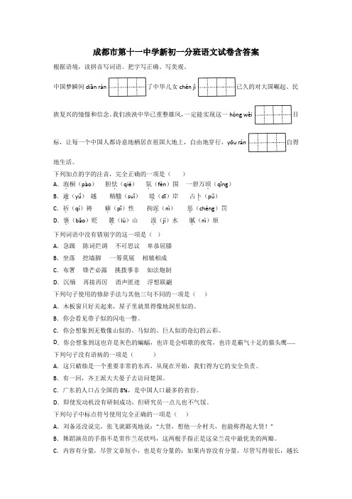 成都市第十一中学新初一分班语文试卷含答案