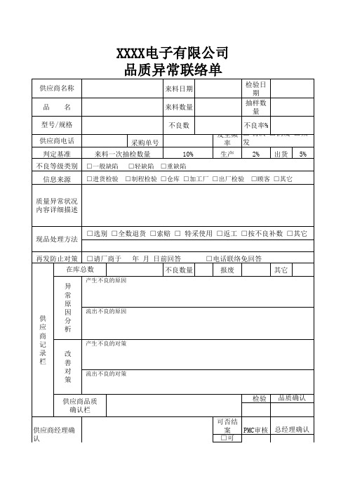 来料品质异常联络单(适用电子厂)