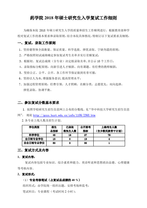 药学院2018年硕士研究生入学复试工作细则
