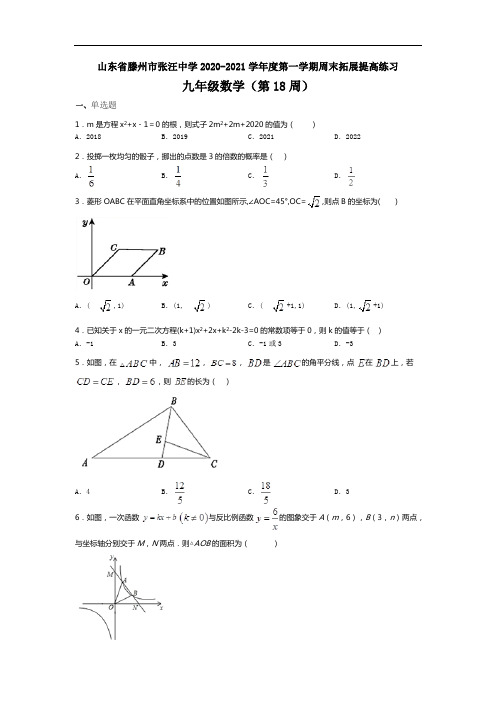 山东省滕州市张汪中学2020-2021学年度第一学期周末拓展提高练习九年级数学(第18周)