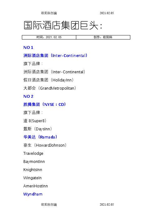 全球十大酒店集团排名1之欧阳科创编