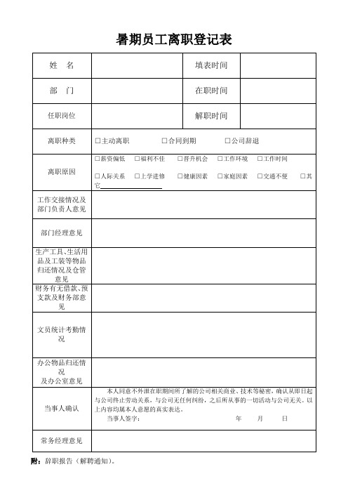 HR暑期员工离职登记表