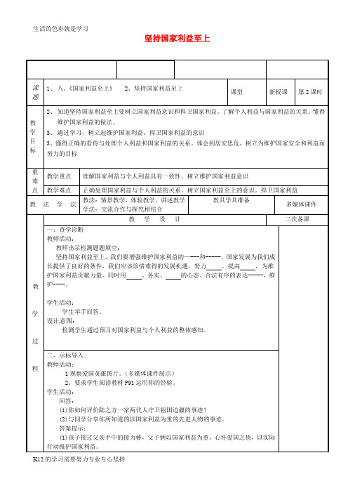 [推荐学习]八年级道德与法治上册 第四单元 维护国家利益 第八课 国家利益至上 第2框 坚持国家利益
