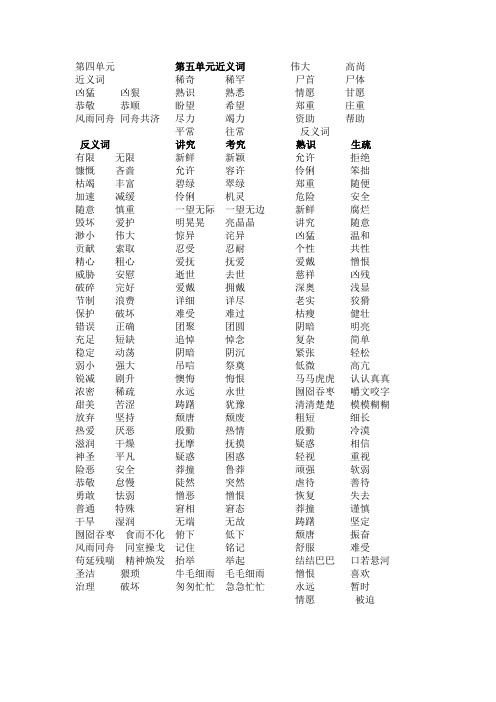 人教版六年级上册第四单元近义词反义词