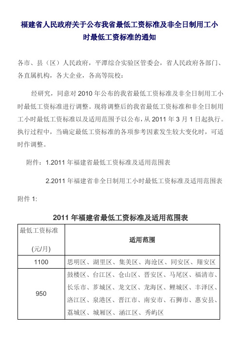 福建省人民政府关于公布我省最低工资标准及非全日制用工小时最低工资标准的通知