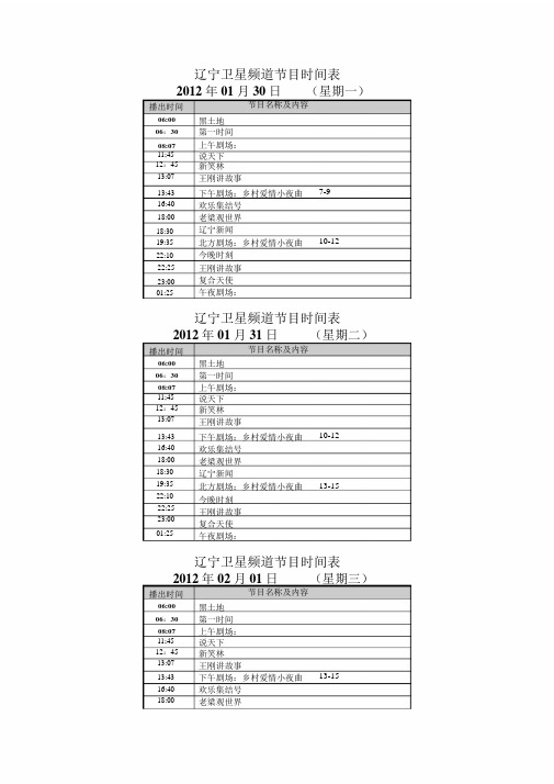 Y5B.沈阳卫星频道节目时间表