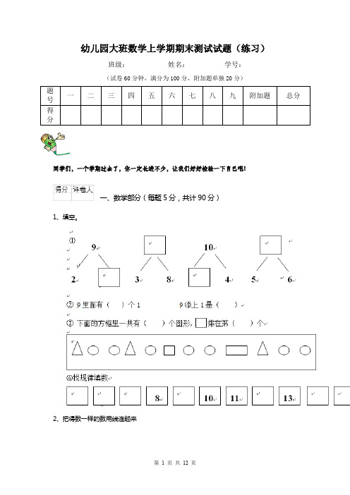幼儿园大班数学上学期期末测试试题(练习)