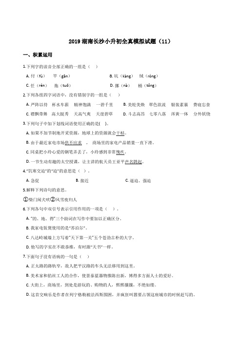 【人教课标版】六年级下册语文试题-2019湖南长沙小升初全真模拟试题(11)含答案