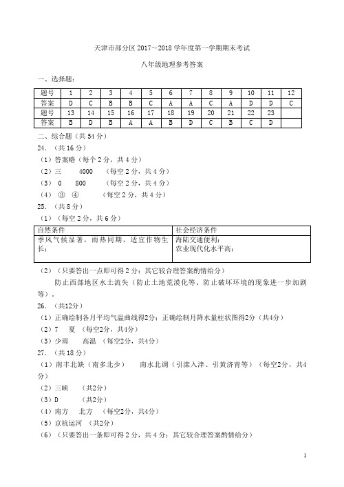 中原区某中学市、、蓟州区等五区八年级地理上学期期末考试试题答案