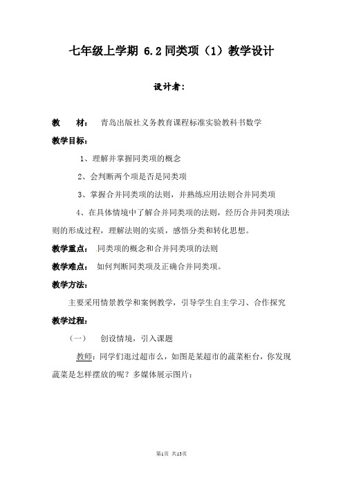 初中数学_6.2同类项教学设计学情分析教材分析课后反思