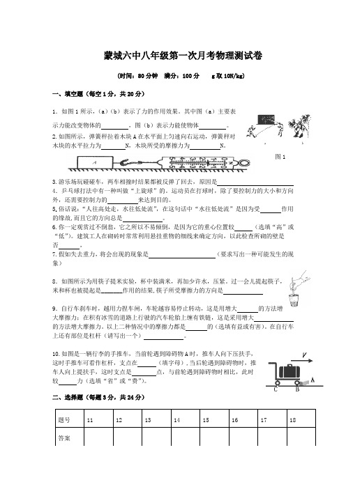 安徽省蒙城六中2013-2014学年八年级下学期第一次教学质量检测物理试题(无答案)