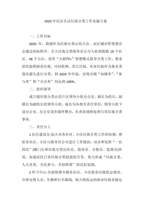 2020年社区生活垃圾分类工作实施方案