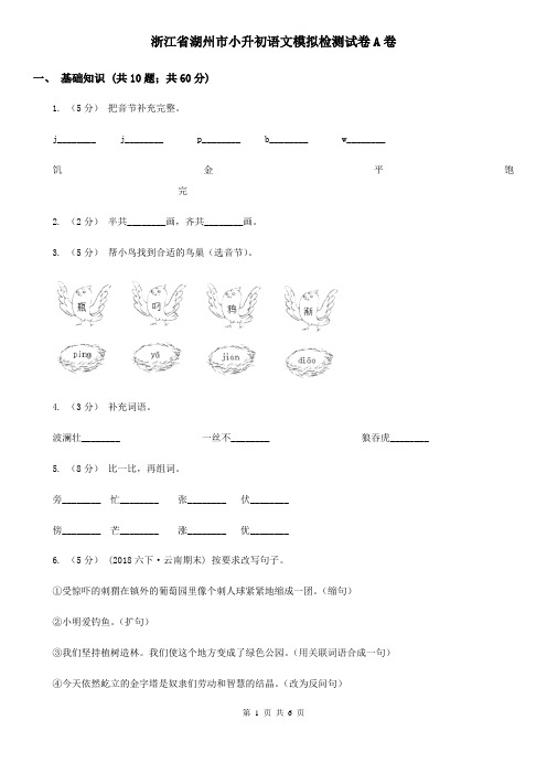 浙江省湖州市小升初语文模拟检测试卷A卷