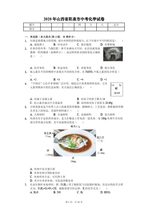 2020年山西省阳泉市中考化学试卷解析版