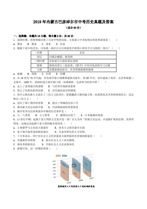 2019年内蒙古巴彦淖尔市中考历史真题及答案