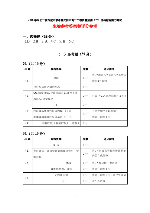 2018年东北三省四城市联考暨沈阳市高三质量监测(二)理综生物答案
