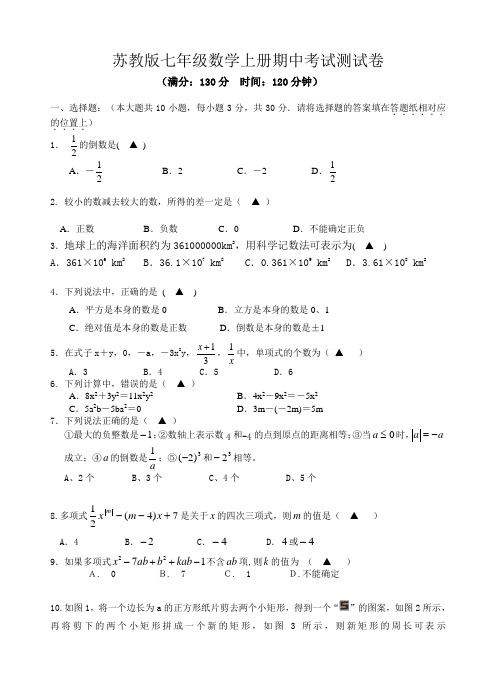 苏教版七年级数学上册期中考试水平检测试卷附参考答案