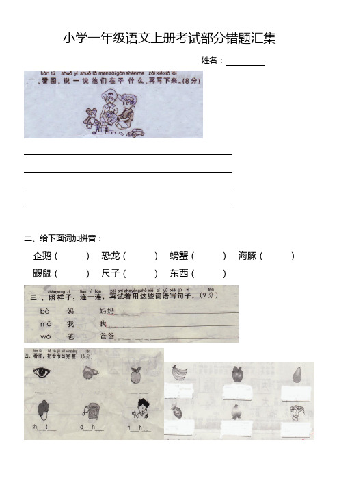 小学一年级语文上册考试部分错题汇集
