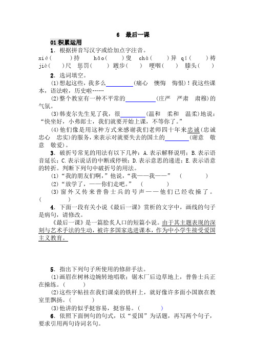 人教部编版七年级语文下册6 最后一课同步练习课时练习